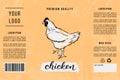 Chicken meat packaging design. Vector poultry meat label. Lettering and hand drawn chicken