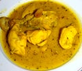 Chicken meat in pepitoria with boiled egg, almonds, onion, wine and saffron