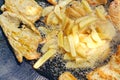 Chicken meat and potato being grilled in a barbecue Royalty Free Stock Photo