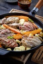 Chicken meat and roasted vegetables on cooking pan Royalty Free Stock Photo