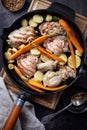 Chicken meat and roasted vegetables on cooking pan Royalty Free Stock Photo