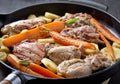 Chicken meat and roasted vegetables on cooking pan Royalty Free Stock Photo