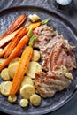 Chicken meat and roasted vegetables on gray plate Royalty Free Stock Photo