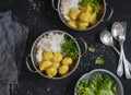 Chicken meatballs in curry sauce and rice on the dark table