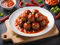 Chicken Meatballs with glaze on black wooden background Royalty Free Stock Photo