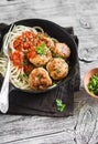 Chicken meatballs and spaghetti in a pan