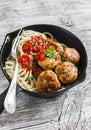 Chicken meatballs and spaghetti with tomato sauce in a pan Royalty Free Stock Photo