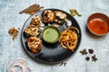 Chicken Mix tikka Kabab with reshmi, malai, green, haryali kebab and chili sauce served in a dish isolated on grey background top Royalty Free Stock Photo