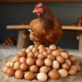 Chicken on mountain of eggs, lot of eggs, good background for advertising poultry farms, packaging design