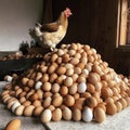 Chicken on a mountain of eggs, lot of eggs, good background for advertising poultry farms,