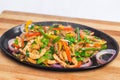 Chicken mushroom and capsicum stir fry recipe served on a sizzling plate.