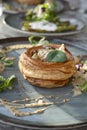 Chicken and mushroom vol-au-vent on a styled ceramic plate, delicious hot dish with hollow shells of puff pasty and creamy filling