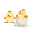 Chicken new born boy with crest in hatched egg and girl chick with green bow. Cartoon flat trendy design spring and new born baby