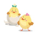 Chicken new born boy and girl chick in hatched egg. Cartoon flat trendy design spring and new born baby