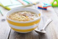 Chicken noodle soup for children nutrition on wooden table Royalty Free Stock Photo
