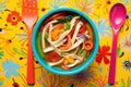 chicken noodle soup in colorful kids bowl with playful spoon Royalty Free Stock Photo