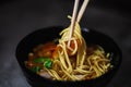 Chicken noodle soup. curry soup close-up Japanese food Chinese dish. vegetarian soup Royalty Free Stock Photo