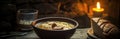 Chicken Noodle Soup On Stone Rustic Pub Wide Panoramic. Generative AI