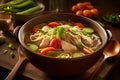 Chicken noodle soup with vegetables in a bowl on wooden table.