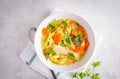 Chicken noodle soup and vegetables in a white bowl on a white ba Royalty Free Stock Photo