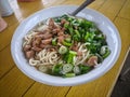 chicken noodles, noodles with chicken meat and sliced ??green onions