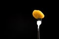 Chicken Nugget on Fork, isolated on black background, copy space