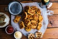 Chicken nuggets composition on a wooden background