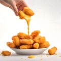 Chicken nuggets in hand, flowing sauce onto pile of remaining chicken pieces