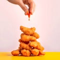 Chicken nuggets in hand, flowing sauce onto pile of remaining chicken pieces