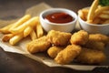 Crispy chicken nuggets, served with your choice of dipping sauce and a side of golden fries. Royalty Free Stock Photo