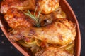 Chicken in paprika sauce baked in the oven in pottery. Chicken legs and wings Royalty Free Stock Photo