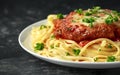 Chicken Parmesan with Cheese and Marinara Sauce served over spaghetti, pasta Royalty Free Stock Photo