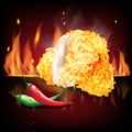 Chicken parts fried with red and green chilly on red black fire 3d realistic vector illustration