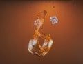 Whisky splash shot on brown background. Royalty Free Stock Photo