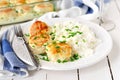 Chicken Patties Baked with Sour Cream Sauce, Served with Rice