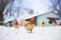 chicken pecking at snowy ground for feed