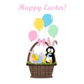 Chicken and penguin in easter basket with eggs