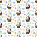 Chicken and penguin in easter basket seamless pattern