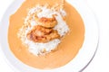 Chicken with pepper sauce with rice. Royalty Free Stock Photo