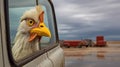 Cowboy Imagery: A Chicken\'s Head Sticking Out Of A Car Window Royalty Free Stock Photo