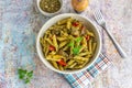 Chicken Pesto Pasta in a Bowl Top Down Photo Royalty Free Stock Photo
