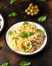 Chicken Piccata with capers, white wine sauce and spaghetti. Italian food Royalty Free Stock Photo