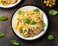 Chicken Piccata with capers, white wine sauce and spaghetti. Italian food Royalty Free Stock Photo