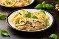 Chicken Piccata with capers, white wine sauce and spaghetti. Italian food Royalty Free Stock Photo