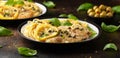 Chicken Piccata with capers, white wine sauce and spaghetti. Italian food Royalty Free Stock Photo