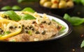 Chicken Piccata with capers, white wine sauce and spaghetti. Italian food Royalty Free Stock Photo