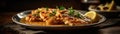 Chicken Piccata On Stone Rustic Pub Wide Panoramic. Generative AI