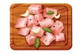 Chicken pieces, cubes raw meat, chopped slices with spices, garlic and leaves on wooden bord top view in cartoon style