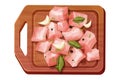 Chicken pieces, cubes raw meat, chopped slices with spices, garlic and leaves on wooden bord top view in cartoon style