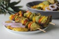 Chicken pineapple kebab. A dish of pieces of chicken and bell peppers marinated with coriander masala along with pineapple slices